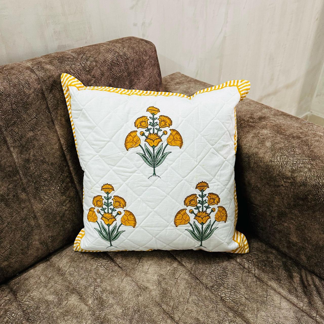 White & Mustard Floral Quilted Cushion Cover