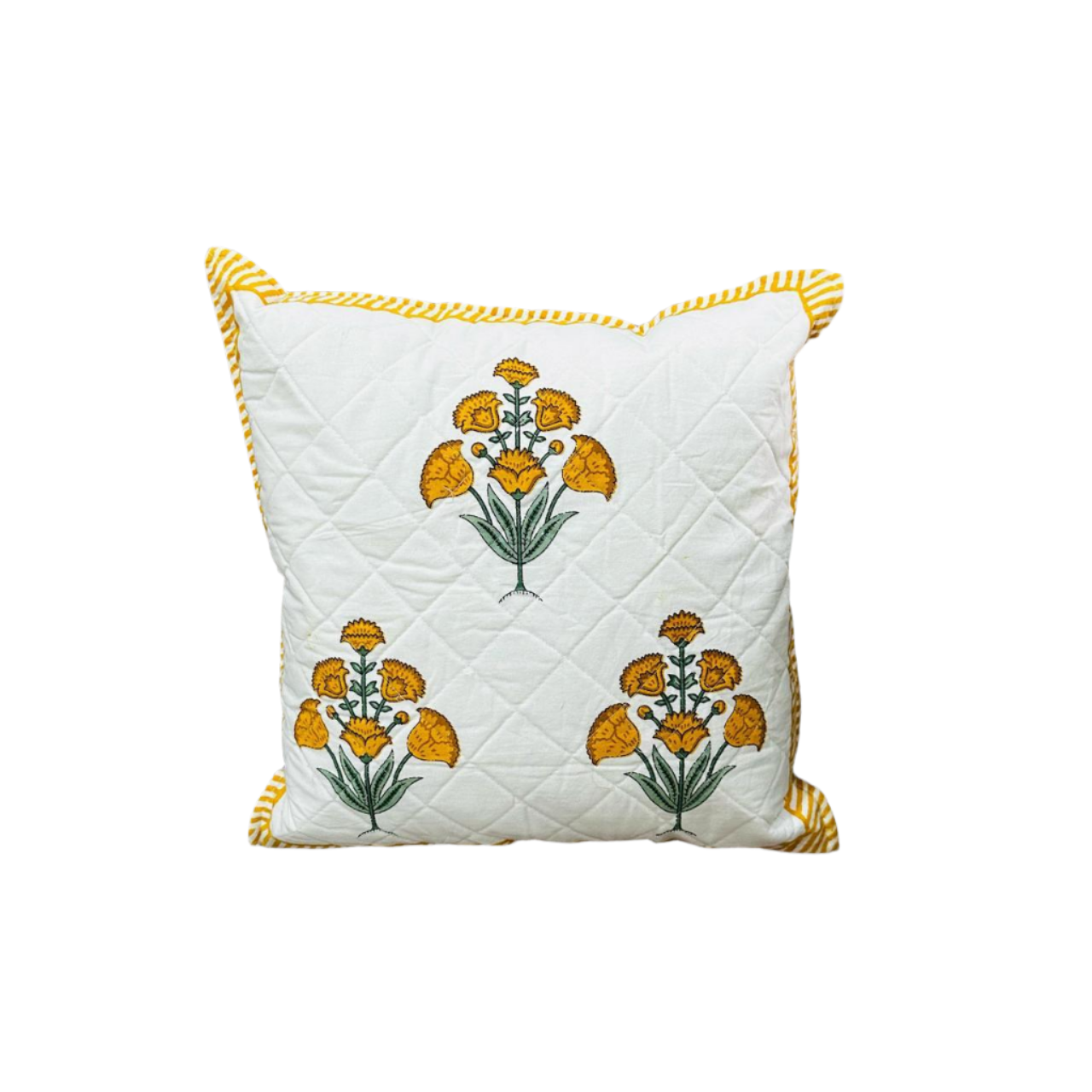 White & Mustard Floral Quilted Cushion Cover