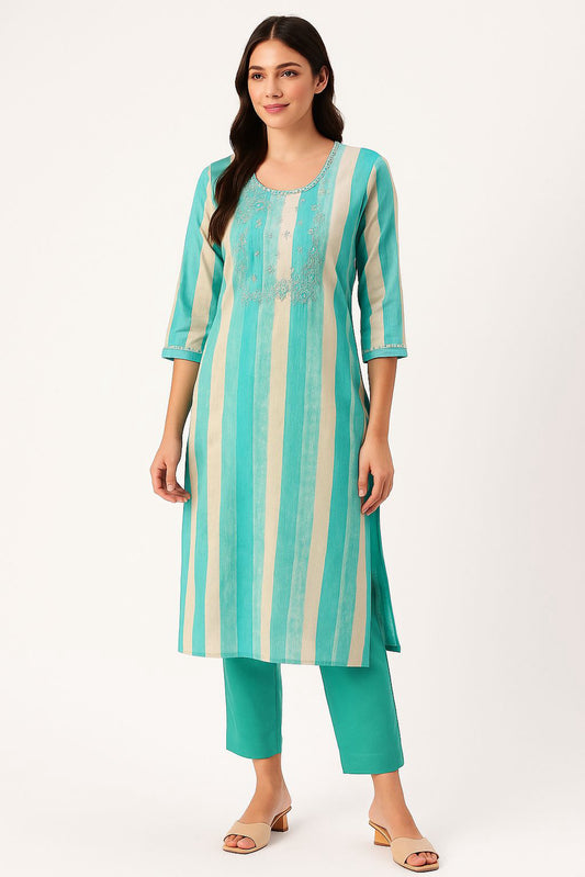 Aqua Green & Beige Striped Muslin Kurta Set with Embroidery
