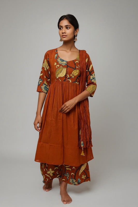 Rust Red Floral Fusion Cotton Kurta Set with Printed Detailing