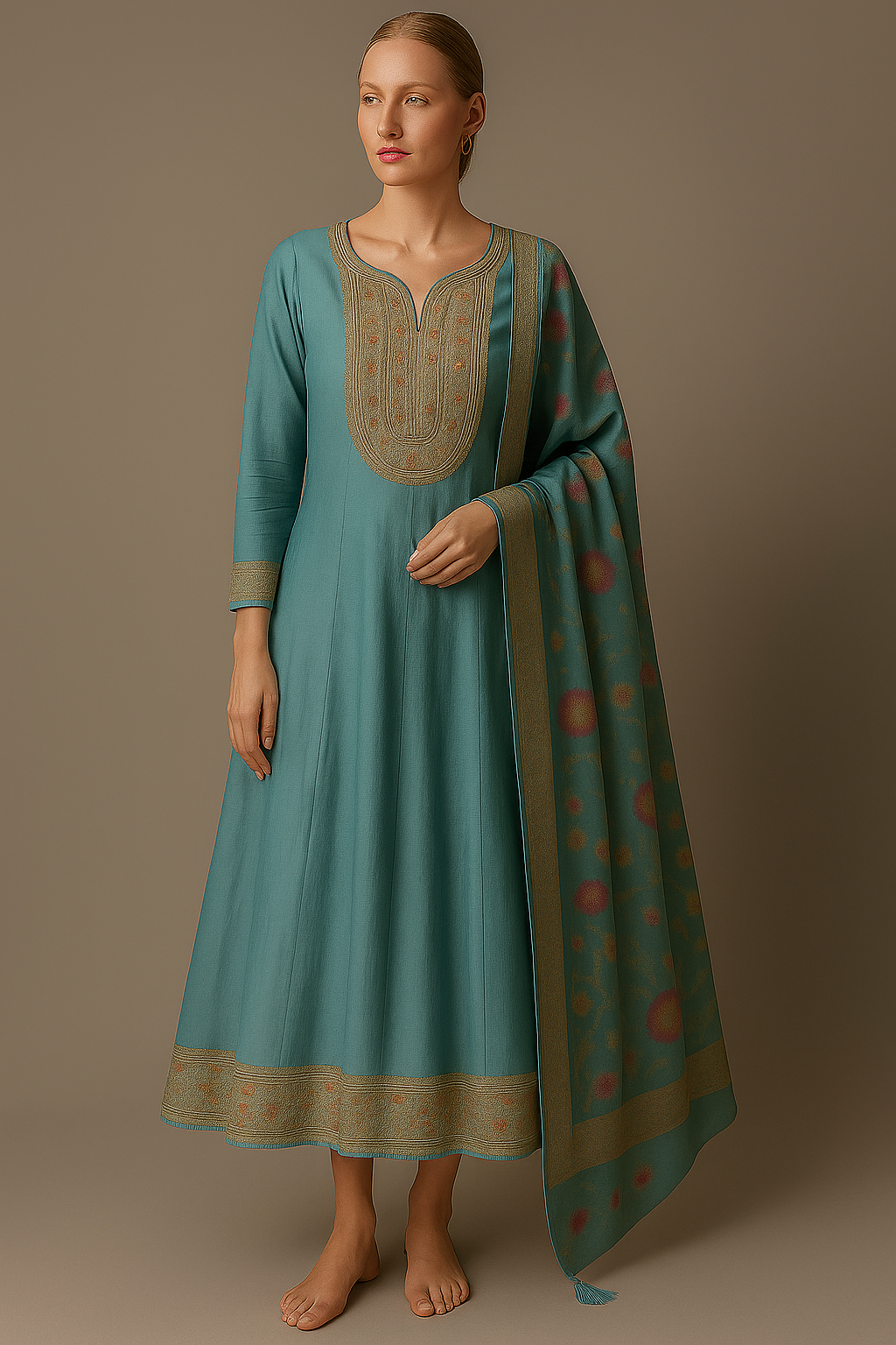 Teal Blue Ethnic Long Dress with Embroidered Yoke & Dupatta – Festive Women’s Wear