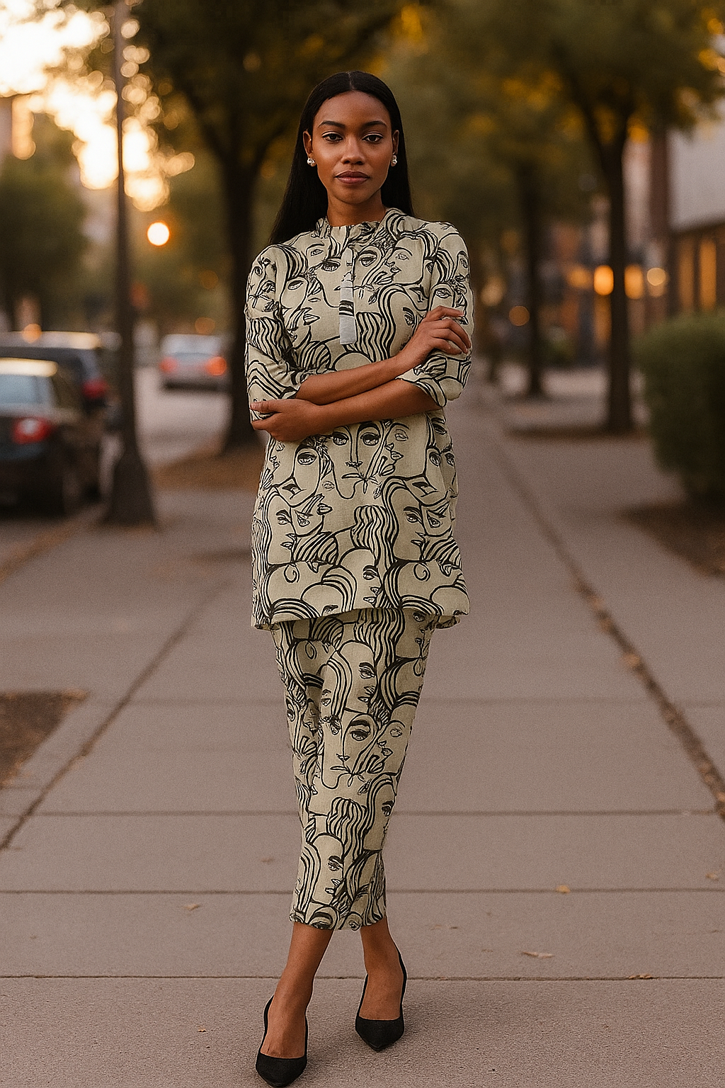 Artistic Abstract Print Co-ord Set – Beige & Black