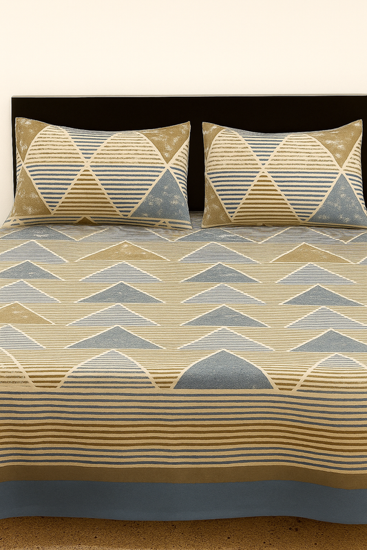 Beige & Blue Cotton Double Bedsheet Set – Elegant Triangle Stripe Design with Pillow Covers