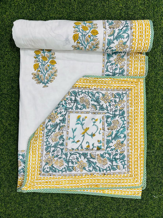 Luxurious Hand Block Printed Double Bed Comforter – Yellow & Teal Floral Motifs