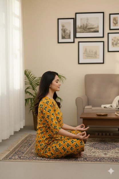 Every Day Cotton Kurta Pant Set for Women – Yellow Handblock Printed Daily Wear Outfit