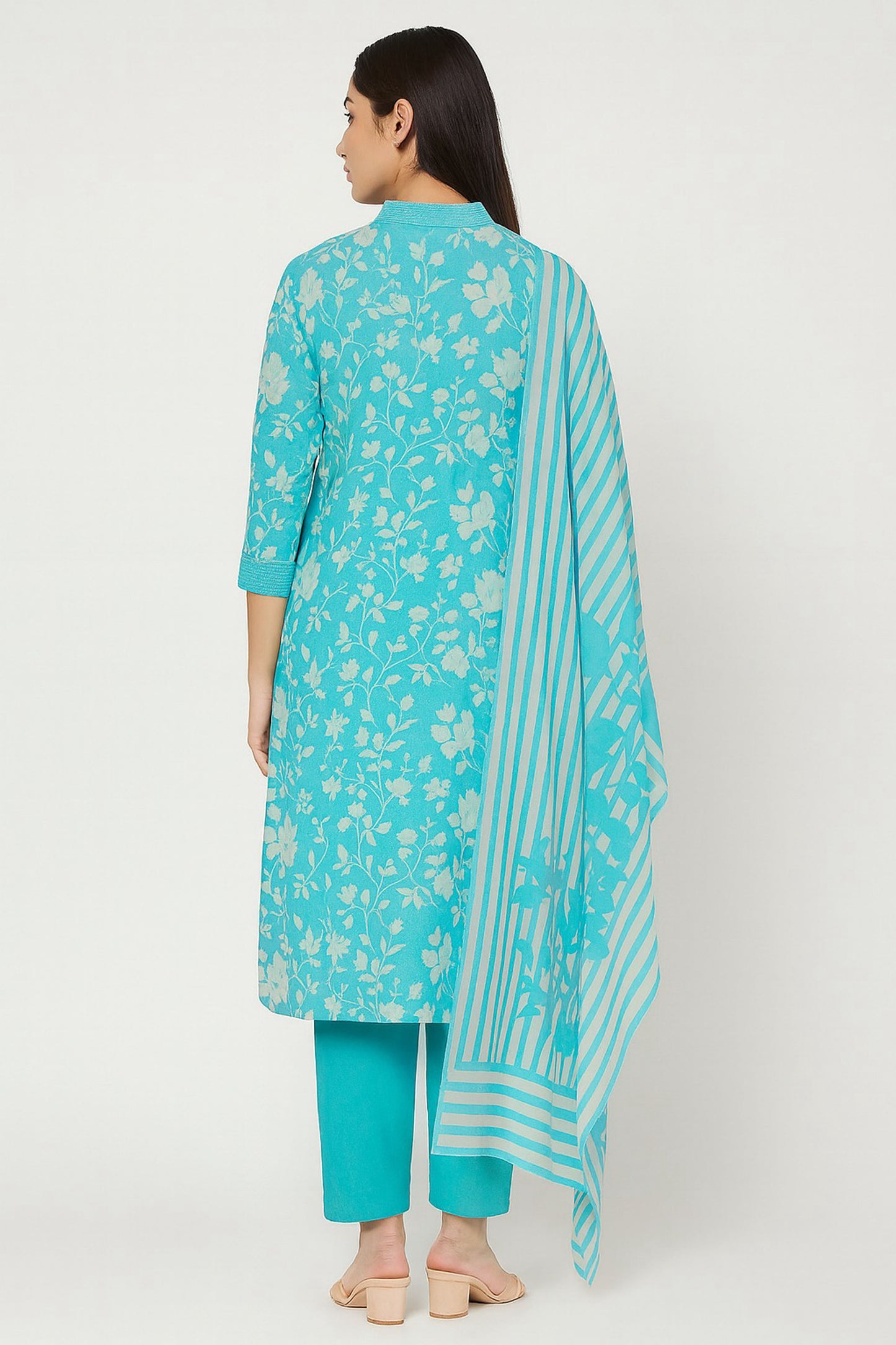 Blue Floral Print Cotton Kurti Set with Striped Dupatta – Summer Ethnic Wear