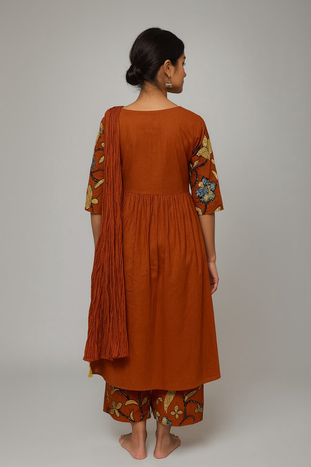 Rust Red Floral Fusion Cotton Kurta Set with Printed Detailing