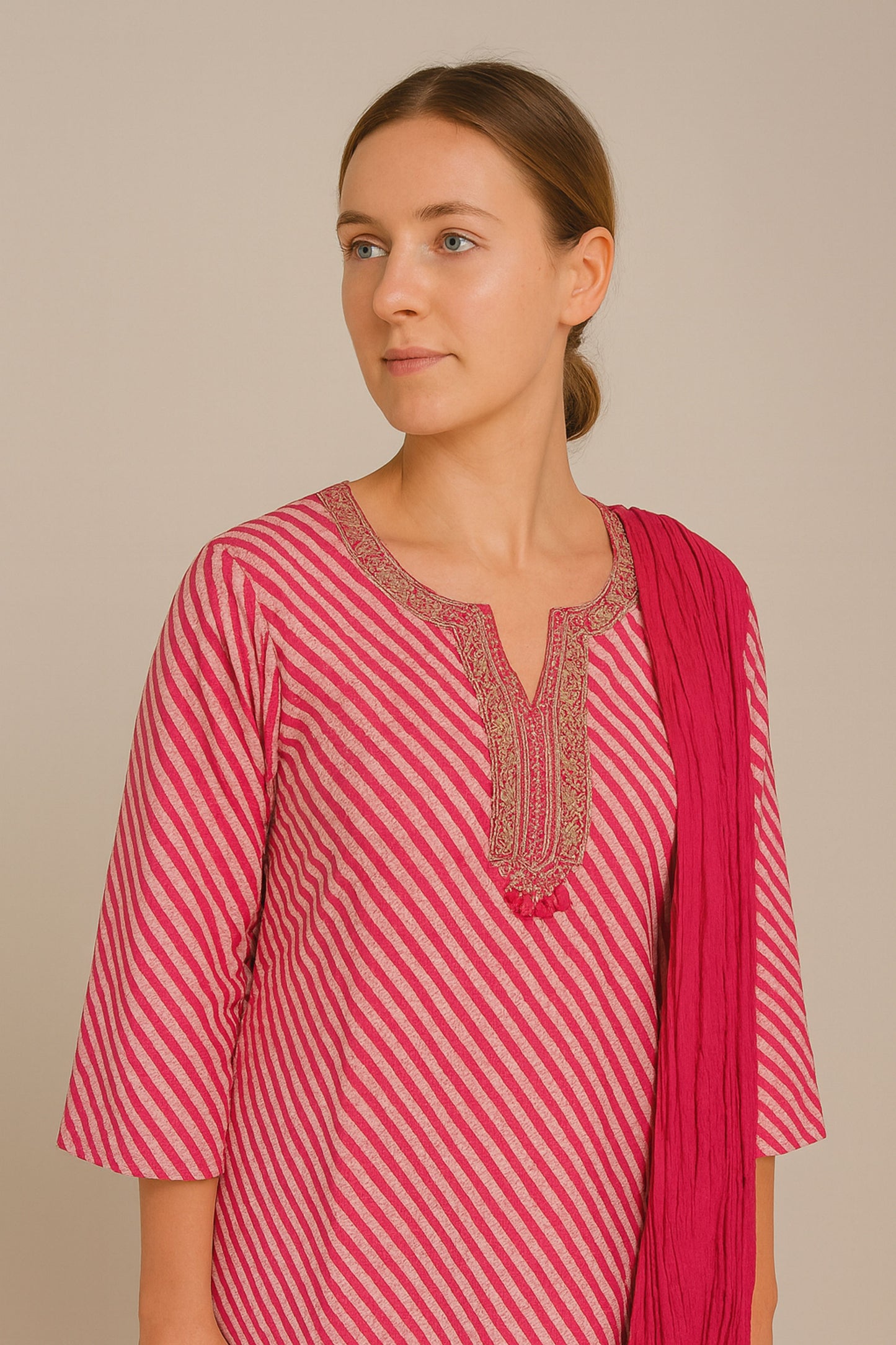Fuchsia Drift 100% Cotton Diagonal Stripe Kurti Dupatta Set – Casual Chic Ensemble