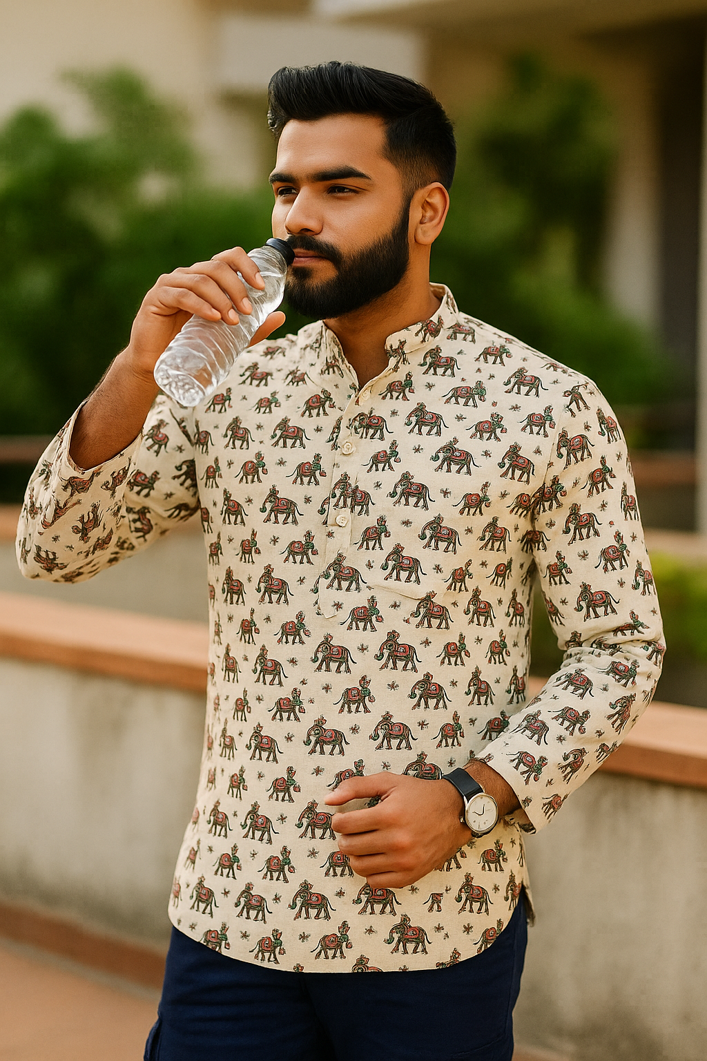 Handblock Printed Cotton Short Kurta for Men