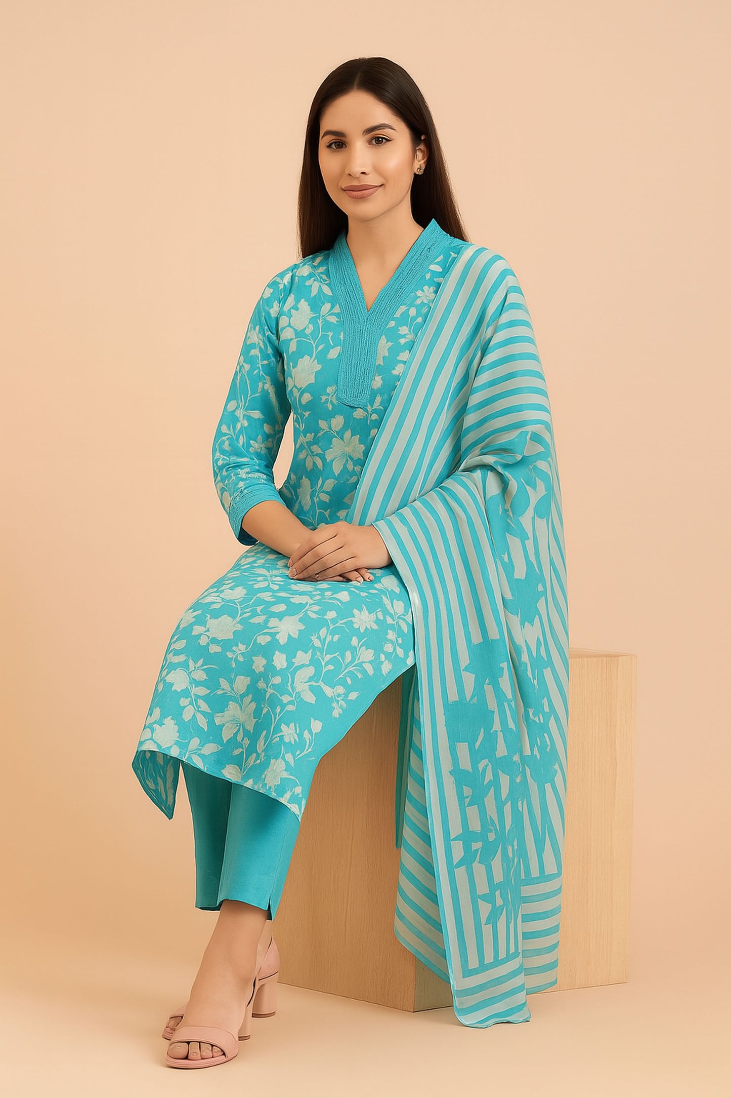 Blue Floral Print Cotton Kurti Set with Striped Dupatta – Summer Ethnic Wear
