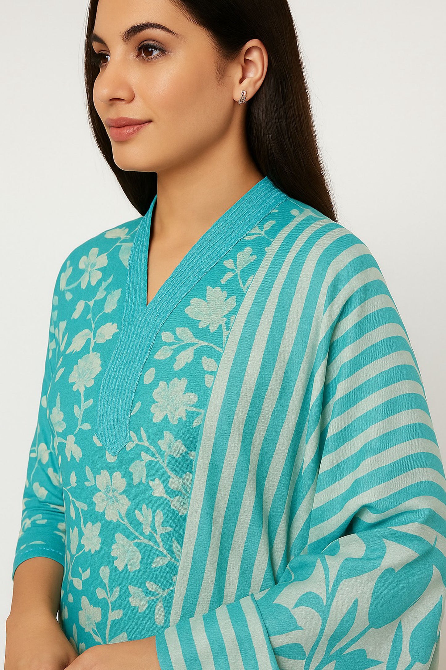 Blue Floral Print Cotton Kurti Set with Striped Dupatta – Summer Ethnic Wear