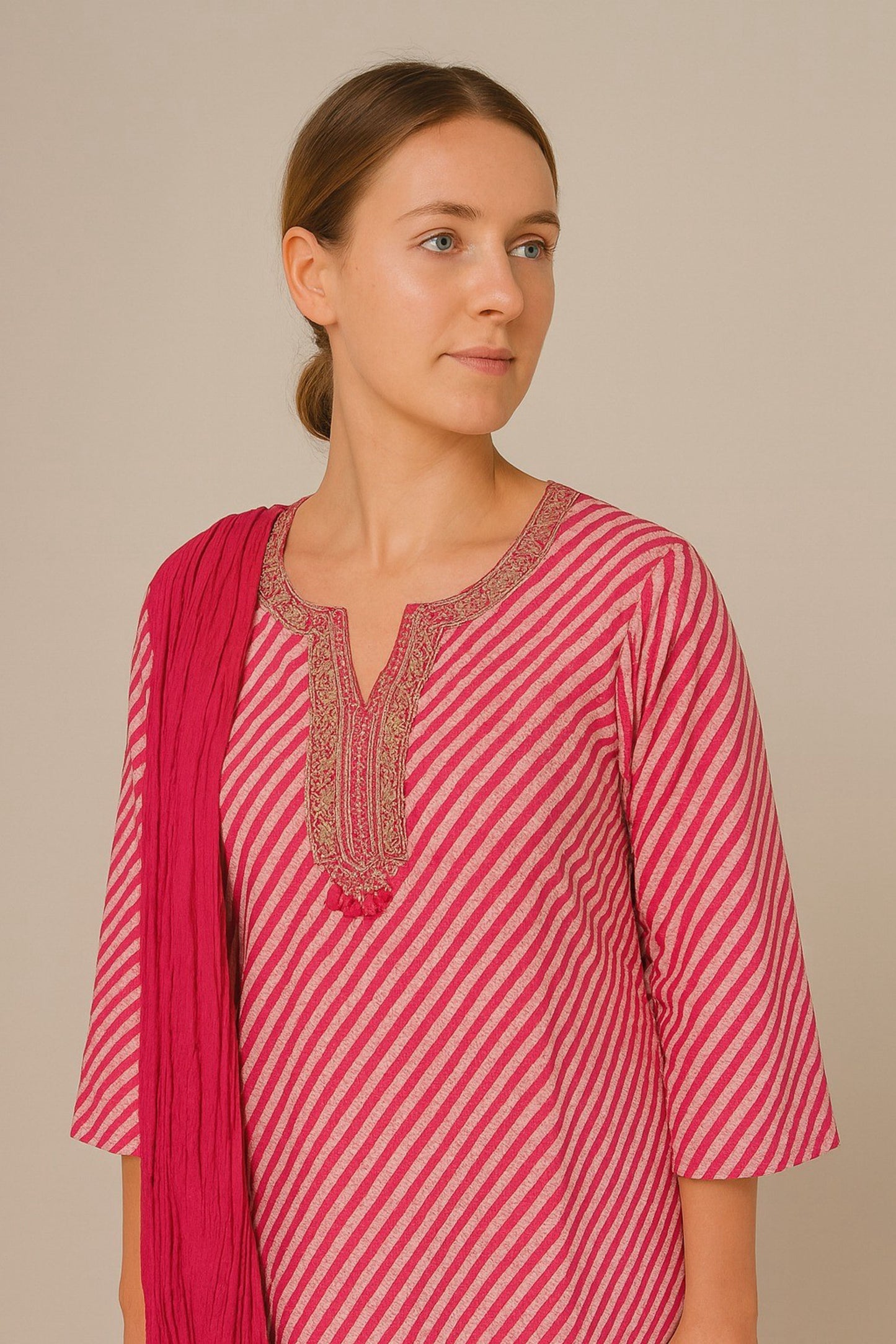 Fuchsia Drift 100% Cotton Diagonal Stripe Kurti Dupatta Set – Casual Chic Ensemble