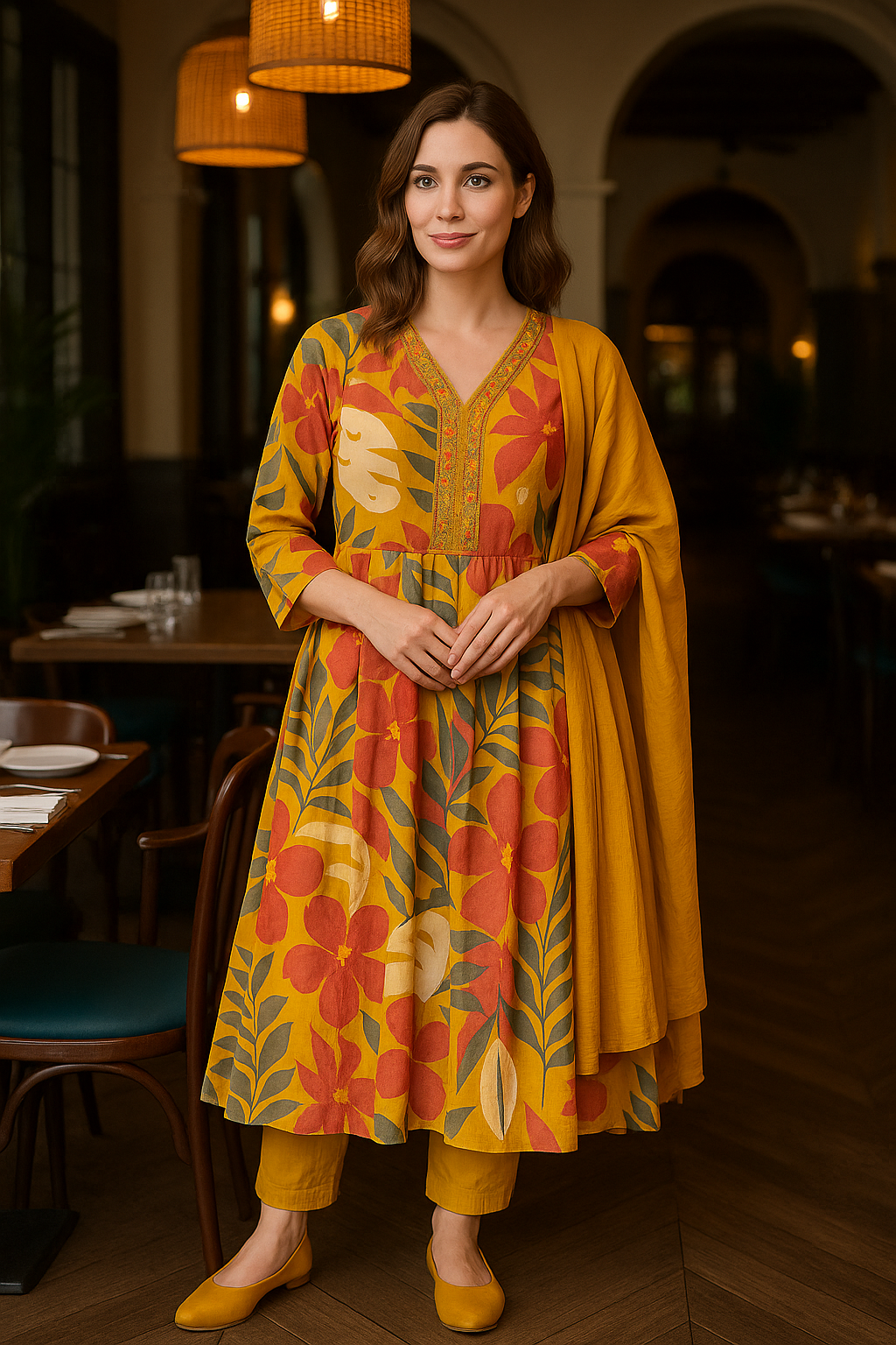 Yellow Crape Silk Floral Print Kurti Set with Dupatta – Festive & Ethnic Women’s Wear