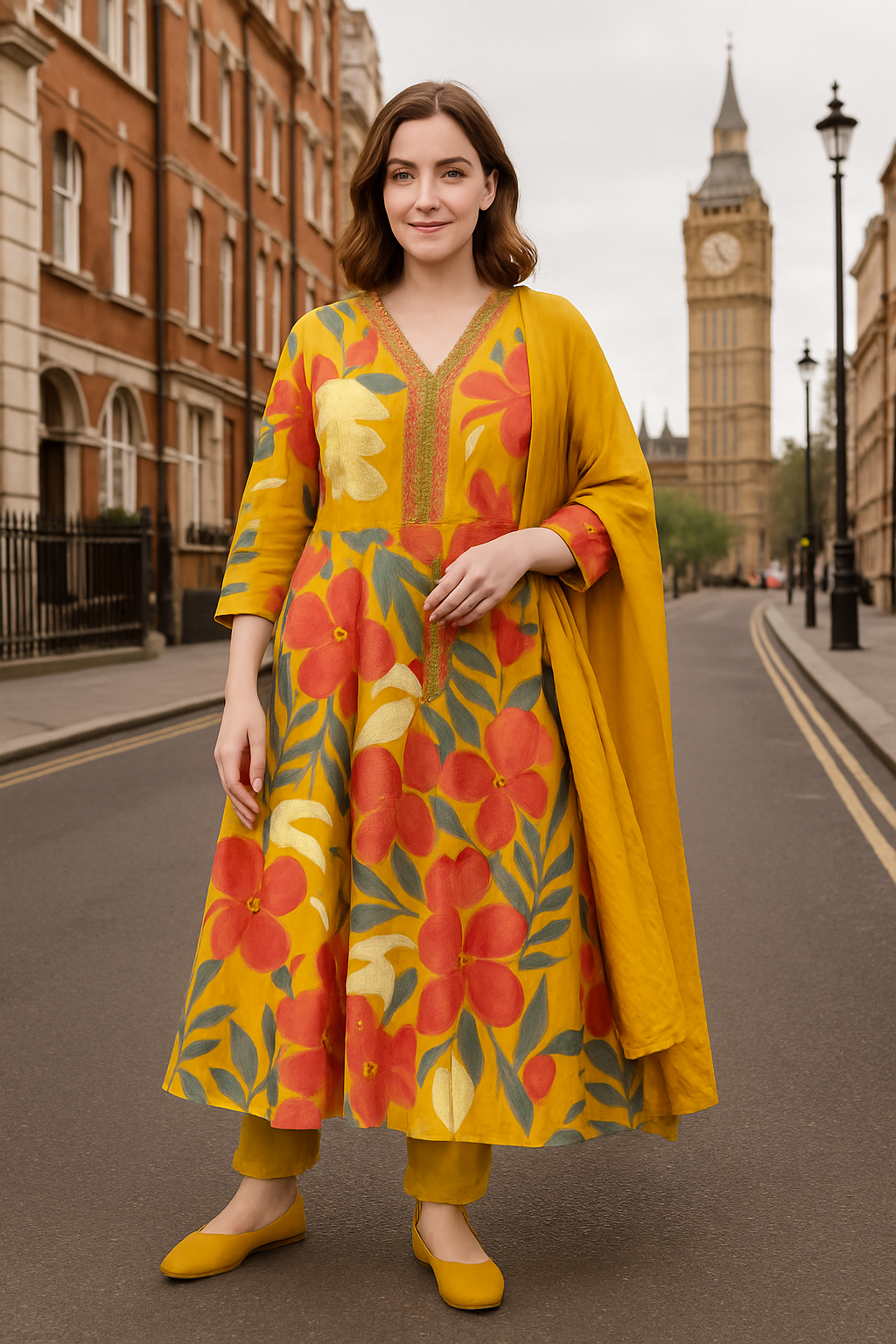 Yellow Crape Silk Floral Print Kurti Set with Dupatta – Festive & Ethnic Women’s Wear