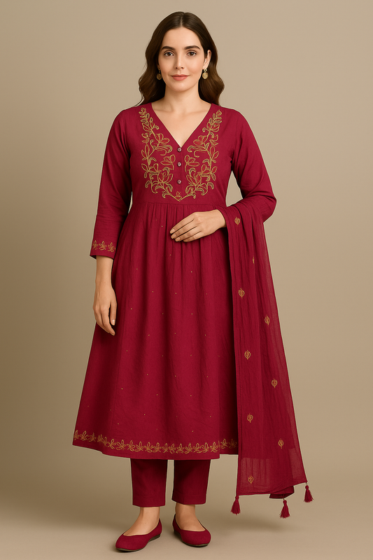 Elegant Maroon Embroidered Kurti Set with Dupatta for Women – Festive & Ethnic Wear