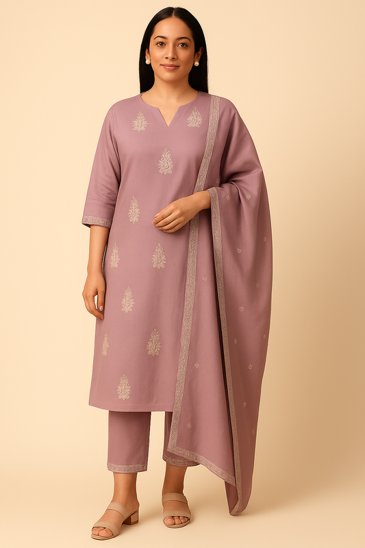 Pastel Mauve Embroidered Cotton Kurti Set with Dupatta – Elegant 3 Piece Ethnic Wear for Women