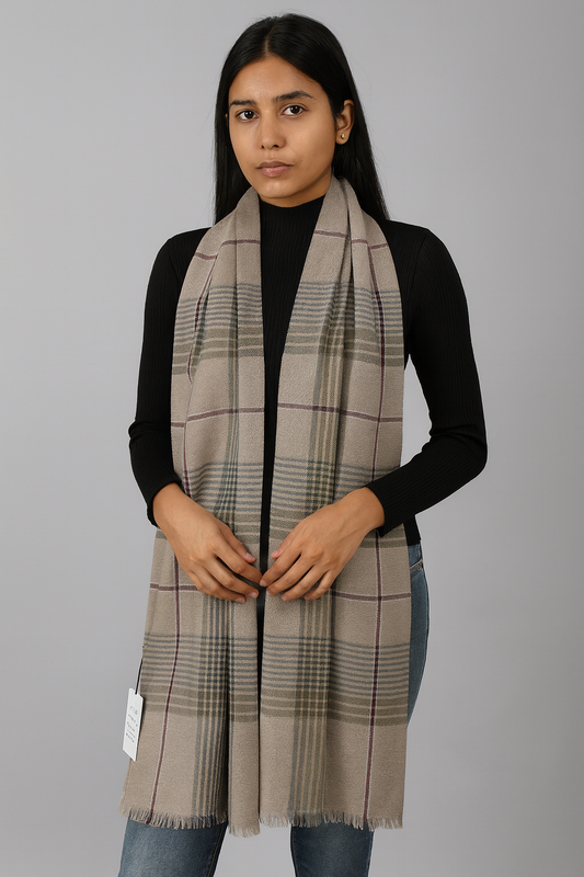 Beige Woollen Check Stole for Women & Men | Soft Winter Scarf by Natural Fab