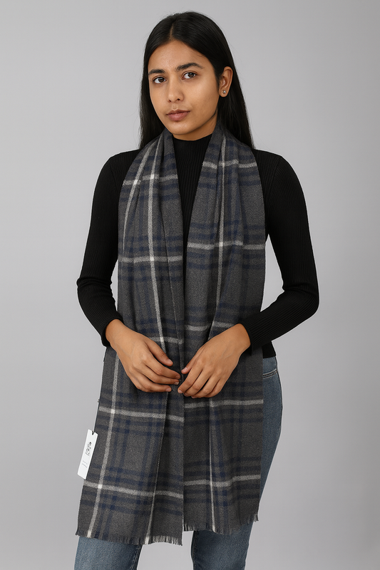 Grey Woollen Check Stole for Women & Men | Soft Winter Scarf by Natural Fab