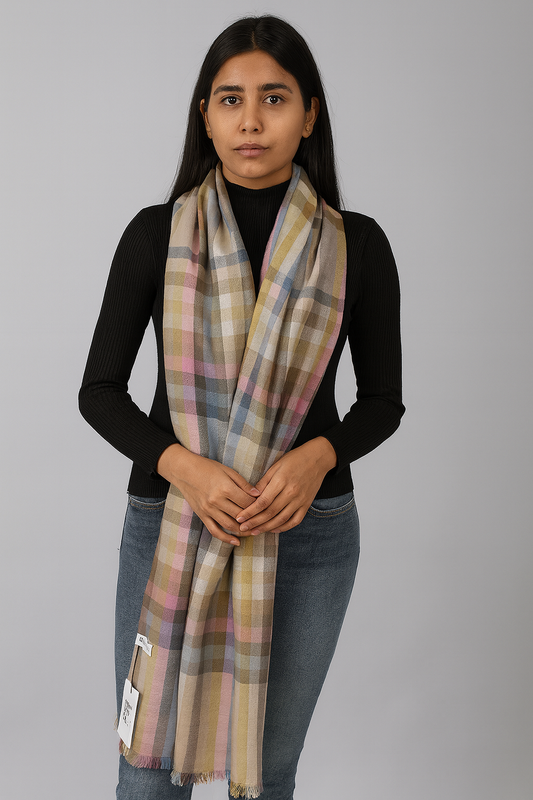 Multicolor Checked Woollen Stole for Women & Men | Soft Winter Wrap by Natural Fab