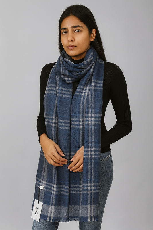 Navy Blue Woollen Check Stole for Women | Soft Warm Winter Scarf by Natural Fab
