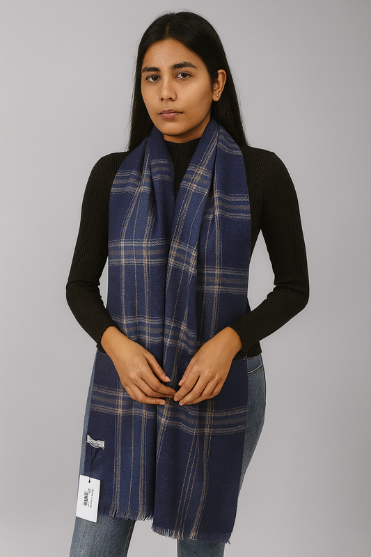 Royal Blue Woollen Check Stole for Women | Soft Warm Winter Scarf by Natural Fab