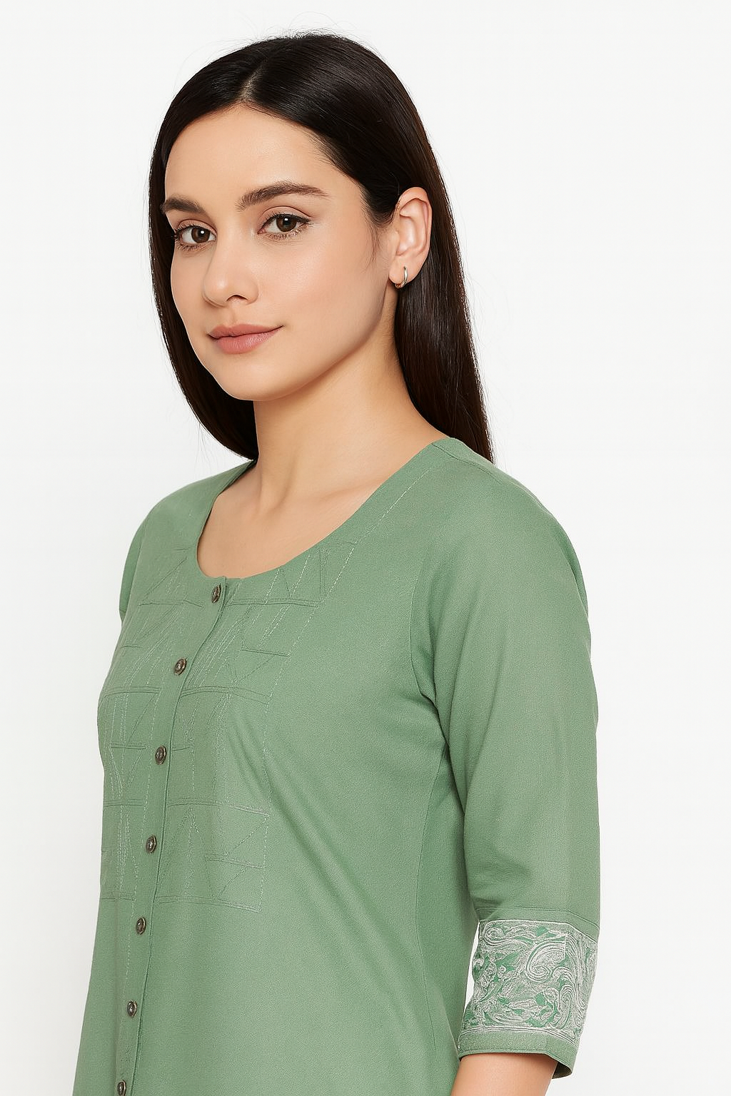 Sage Green Cotton Kurta Set with Printed Pants & Dupatta – Elegant Ethnic Wear by Natural Fab