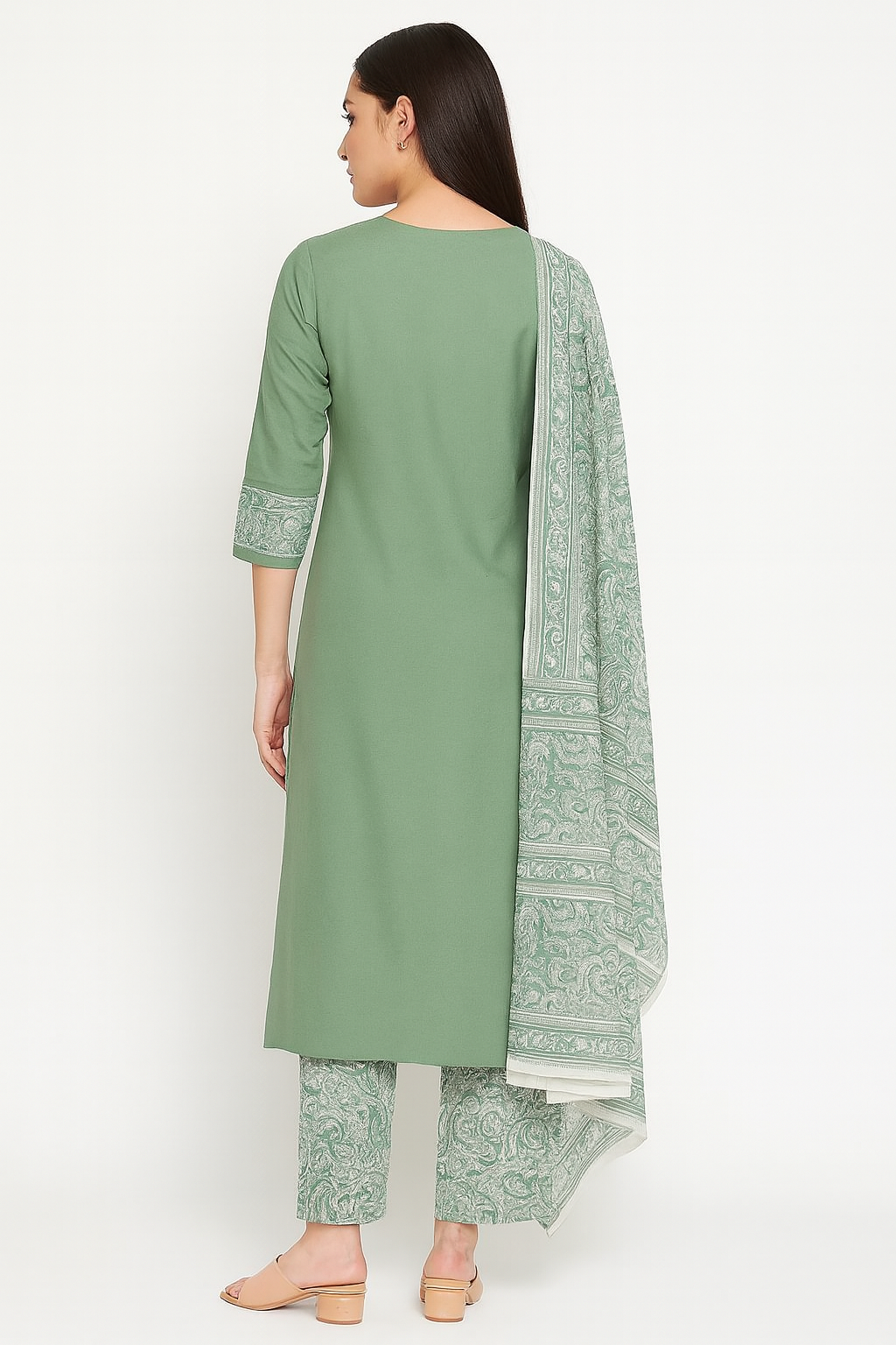 Sage Green Cotton Kurta Set with Printed Pants & Dupatta – Elegant Ethnic Wear by Natural Fab