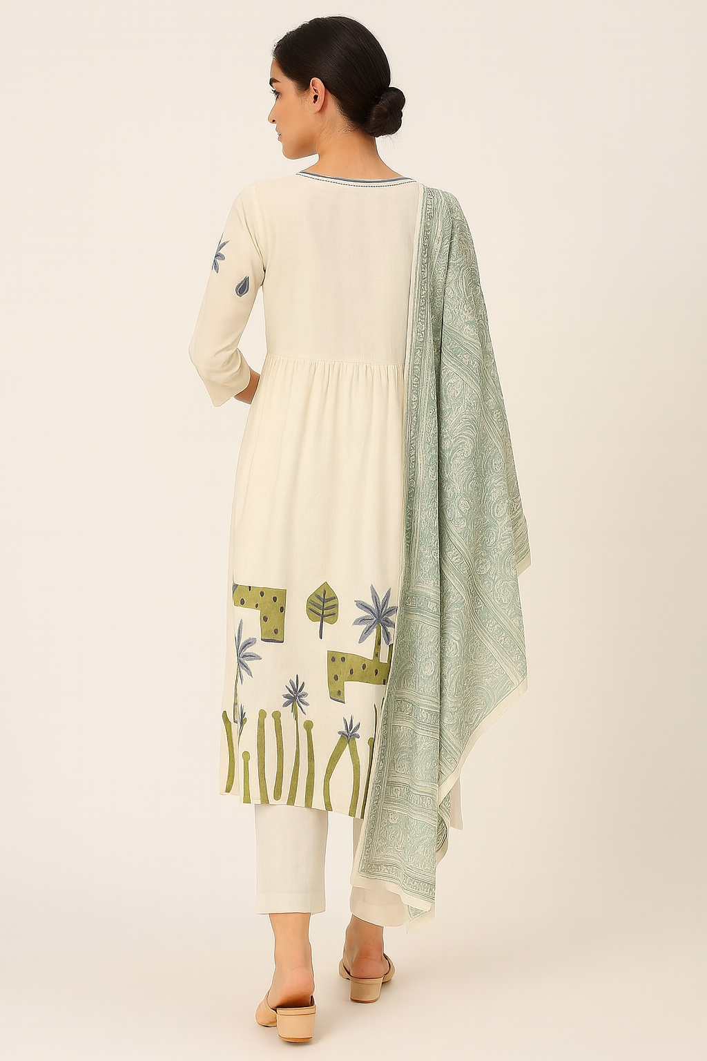 Elegant Hand-Block Printed Cotton Kurti Set for Women – Off-White with Nature Motifs