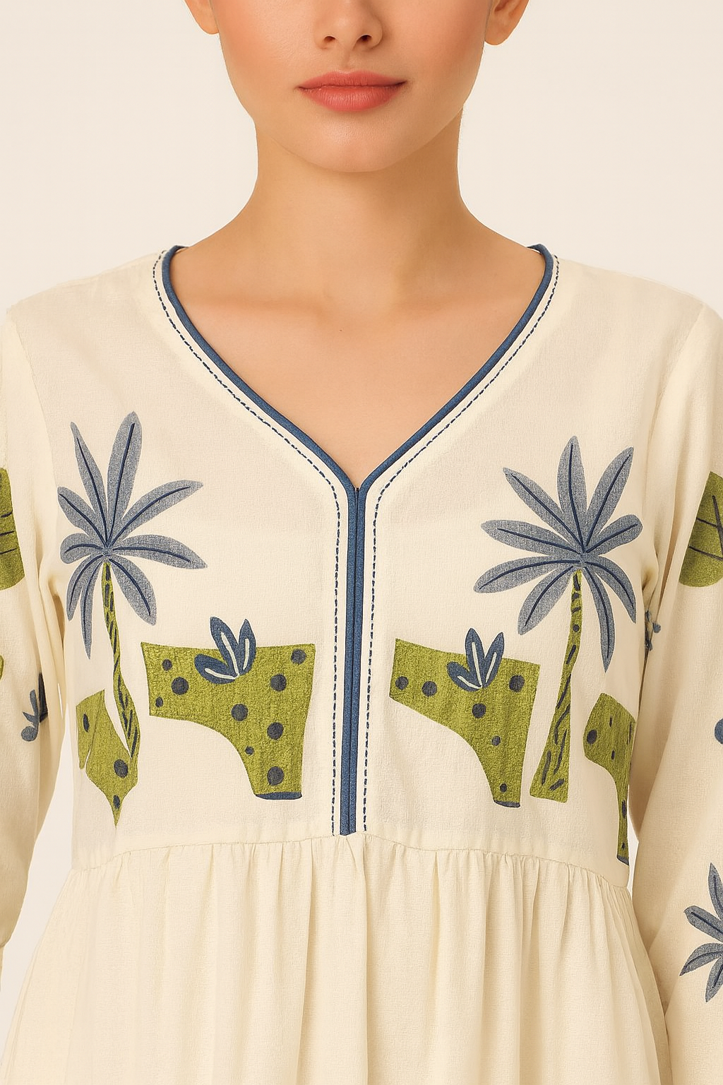 Elegant Hand-Block Printed Cotton Kurti Set for Women – Off-White with Nature Motifs