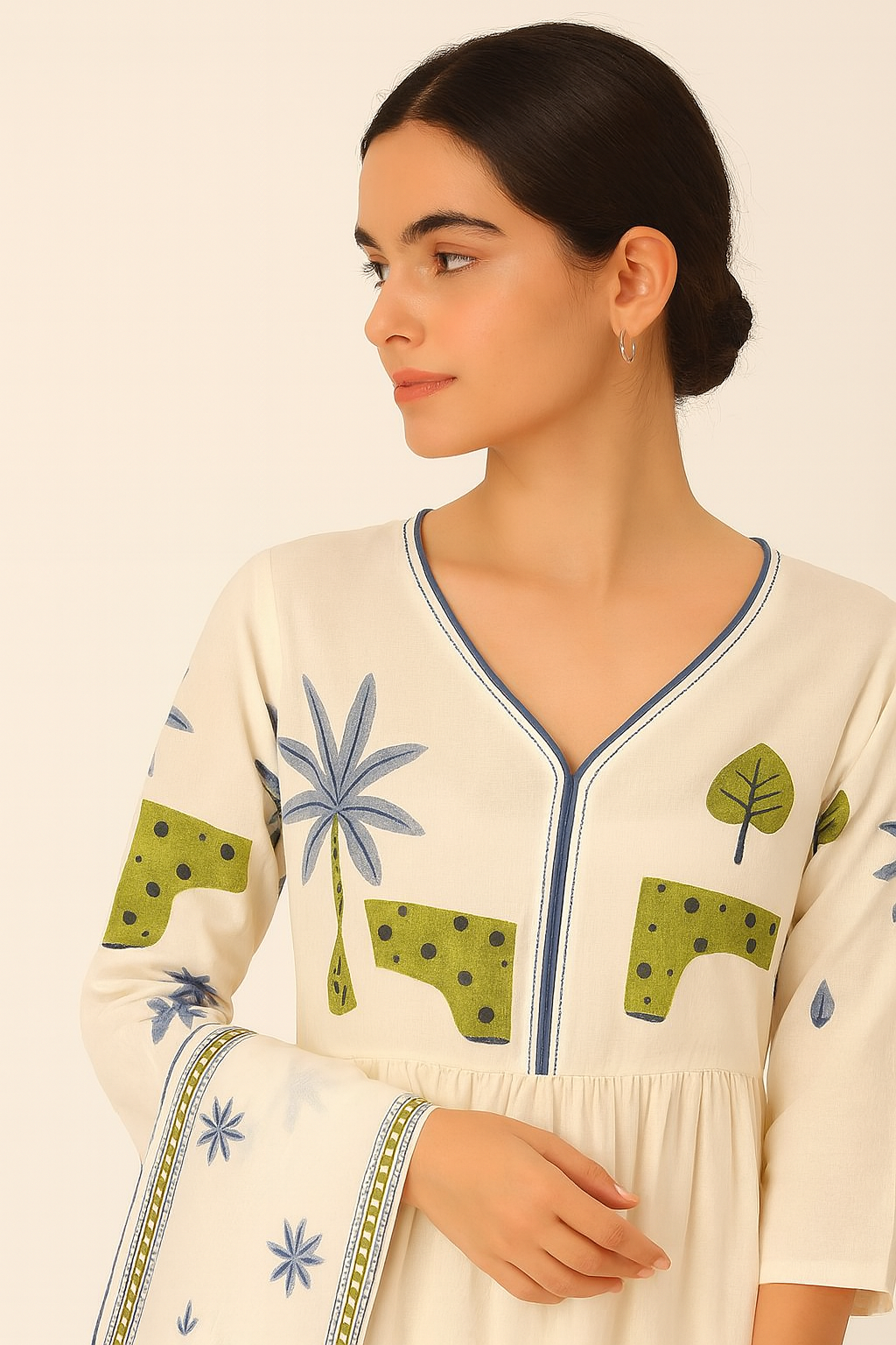 Elegant Hand-Block Printed Cotton Kurti Set for Women – Off-White with Nature Motifs