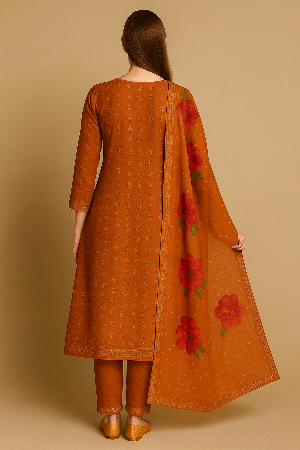 Rust Orange Rayon Kurti Set with Embroidered Neckline & Floral Dupatta – Elegant Ethnic Wear for Women