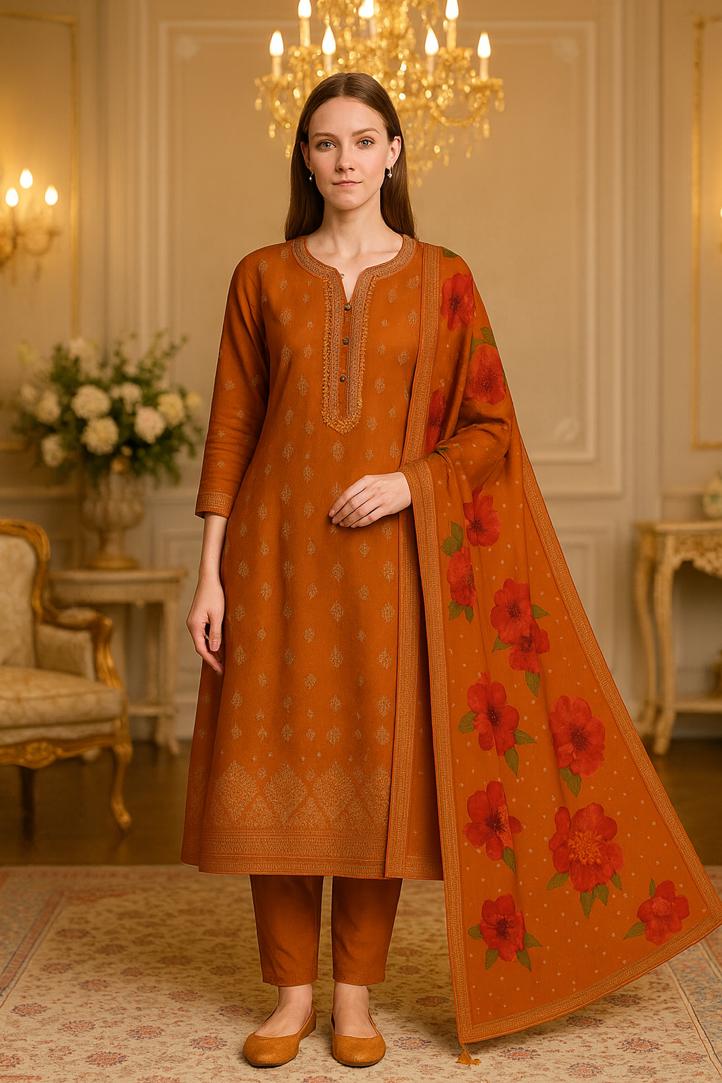 Rust Orange Rayon Kurti Set with Embroidered Neckline & Floral Dupatta – Elegant Ethnic Wear for Women