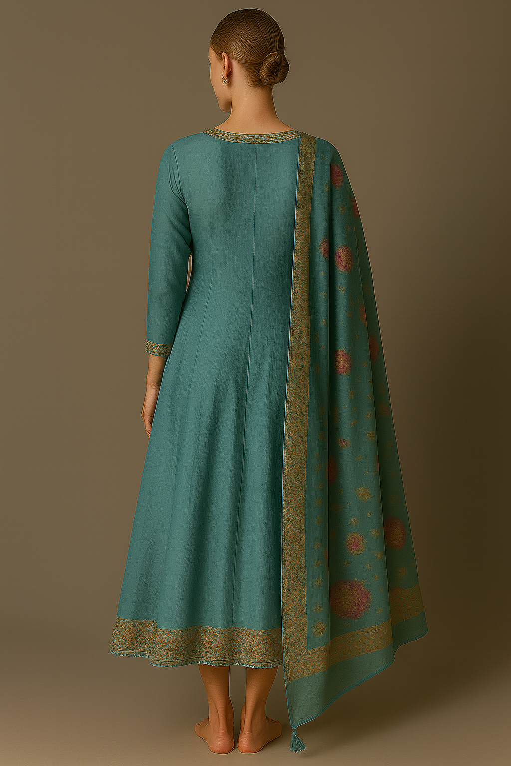 Teal Blue Ethnic Long Dress with Embroidered Yoke & Dupatta – Festive Women’s Wear
