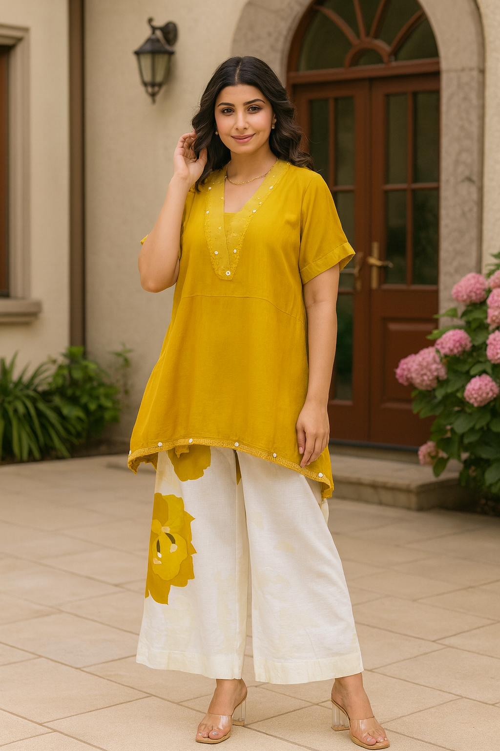 Mustard Khadi Cotton Co-Ord Set with Hand Embroidery & Floral Pants – Natural Fab