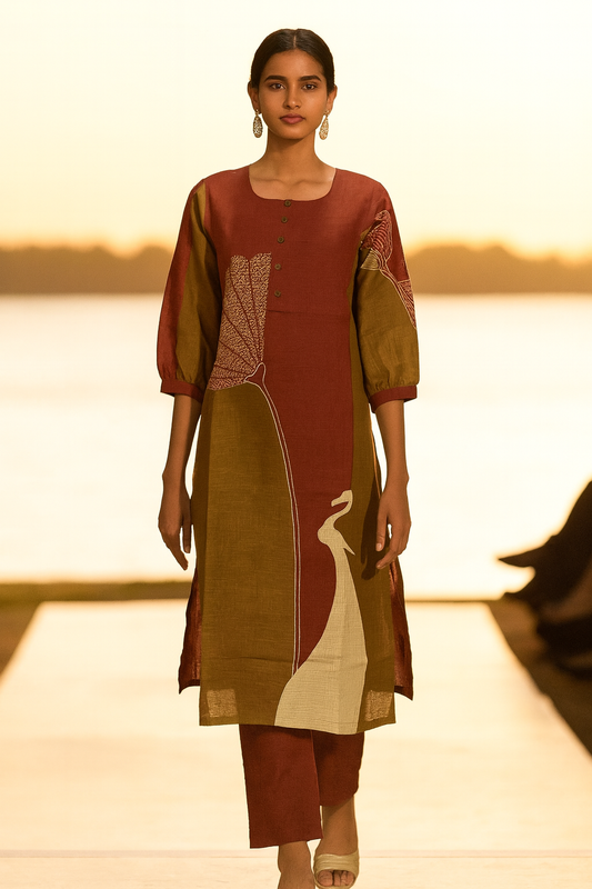 Maroon & Olive Green Handloom Kurti with Peacock Motif