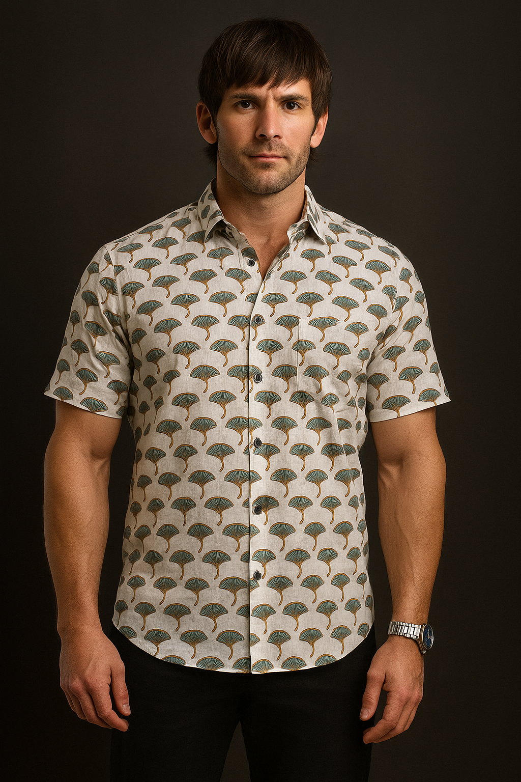Hand-Block Printed Men's Shirt with Unique Fan Pattern
