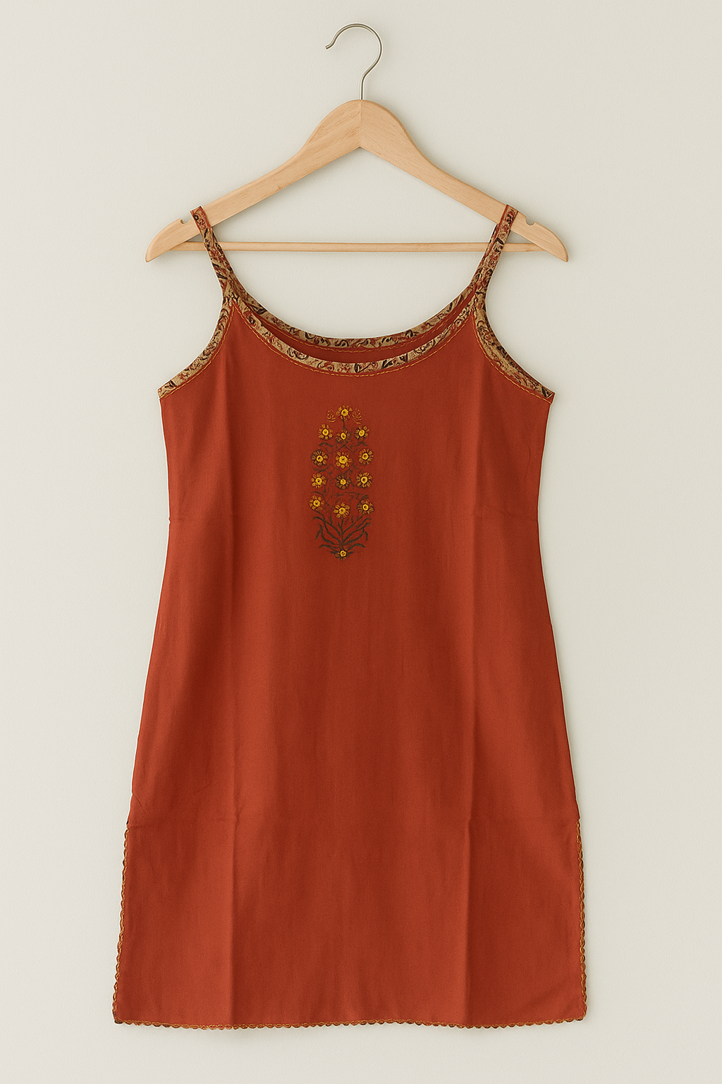 Rust Orange Sleeveless Cotton Kurti Set with Traditional Printed Dupatta – Festive & Ethnic Wear for Women