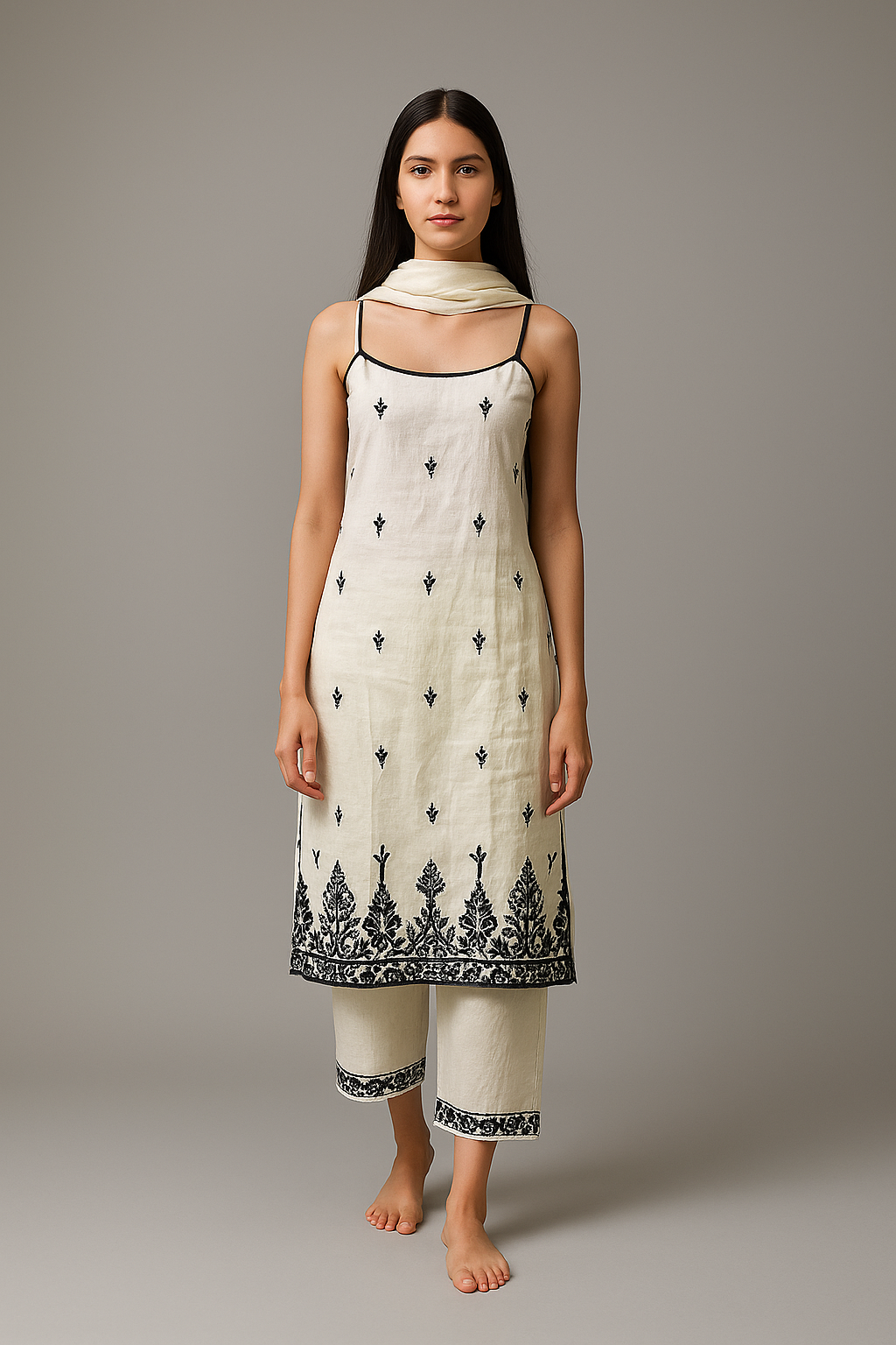 White and Black Embroidered Kurti Set with Dupatta