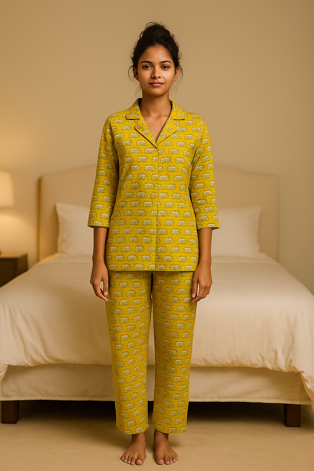 Mustard Yellow Elephant Print Cotton Night Suit