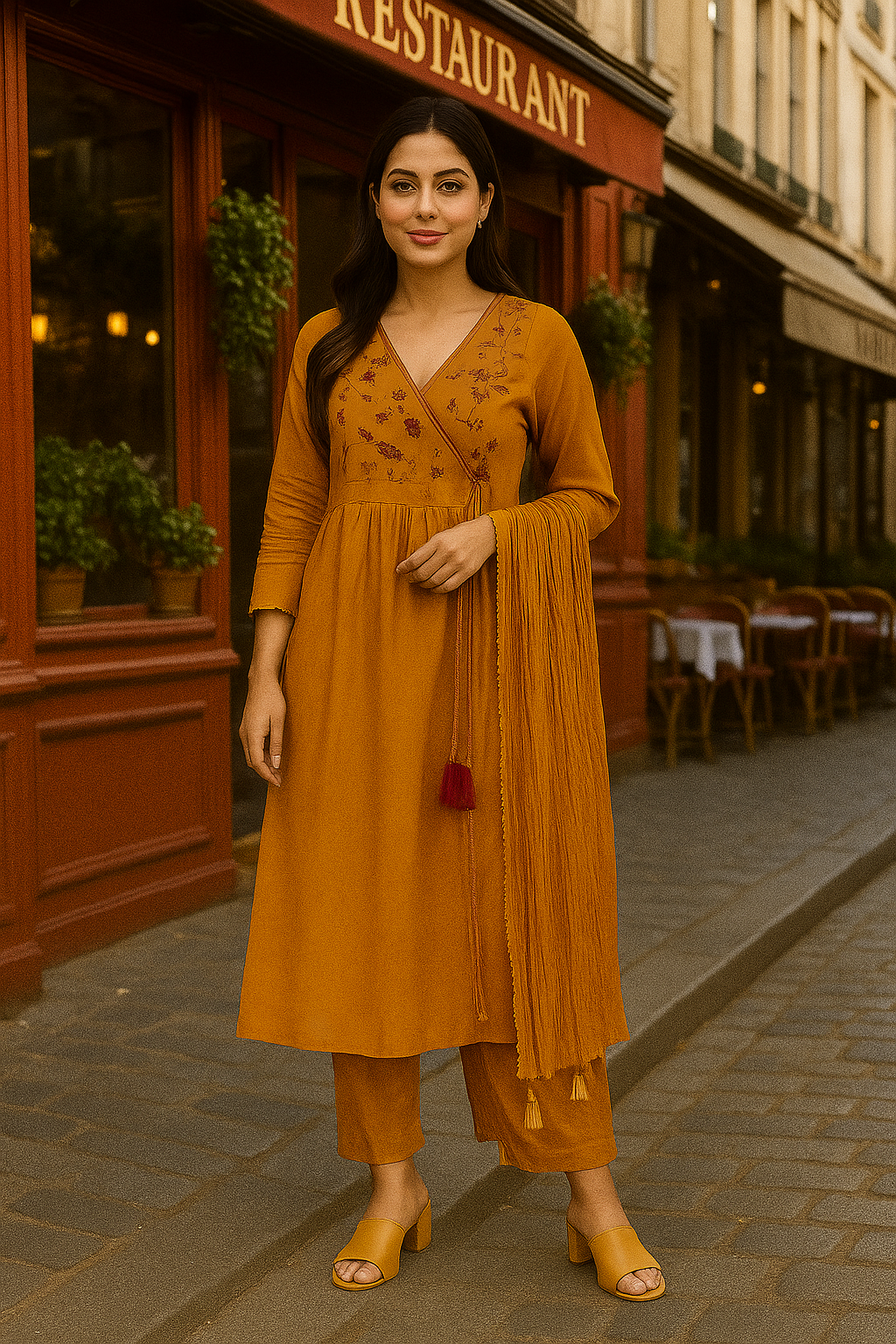 Mustard Yellow Maslin Embroidered Kurti Set with Dupatta – Elegant 3-Piece Ethnic Wear for Women