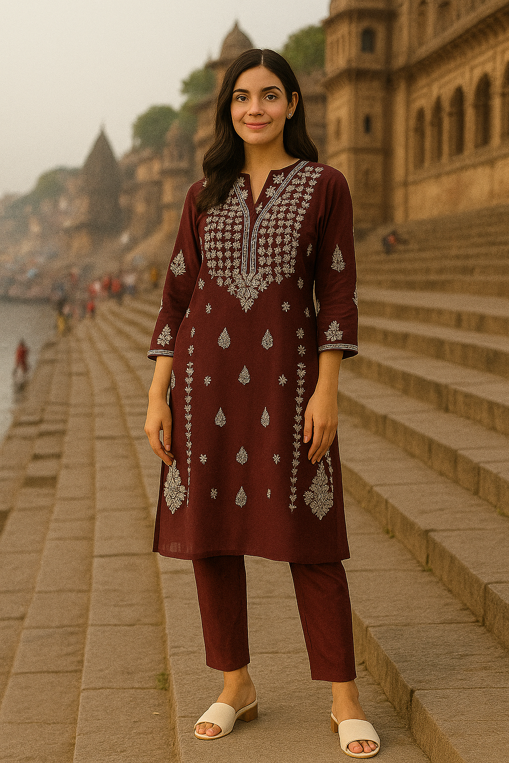 Maroon Maslin Embroidered Kurti Set for Women – Elegant Festive Ethnic Wear with Straight Pants