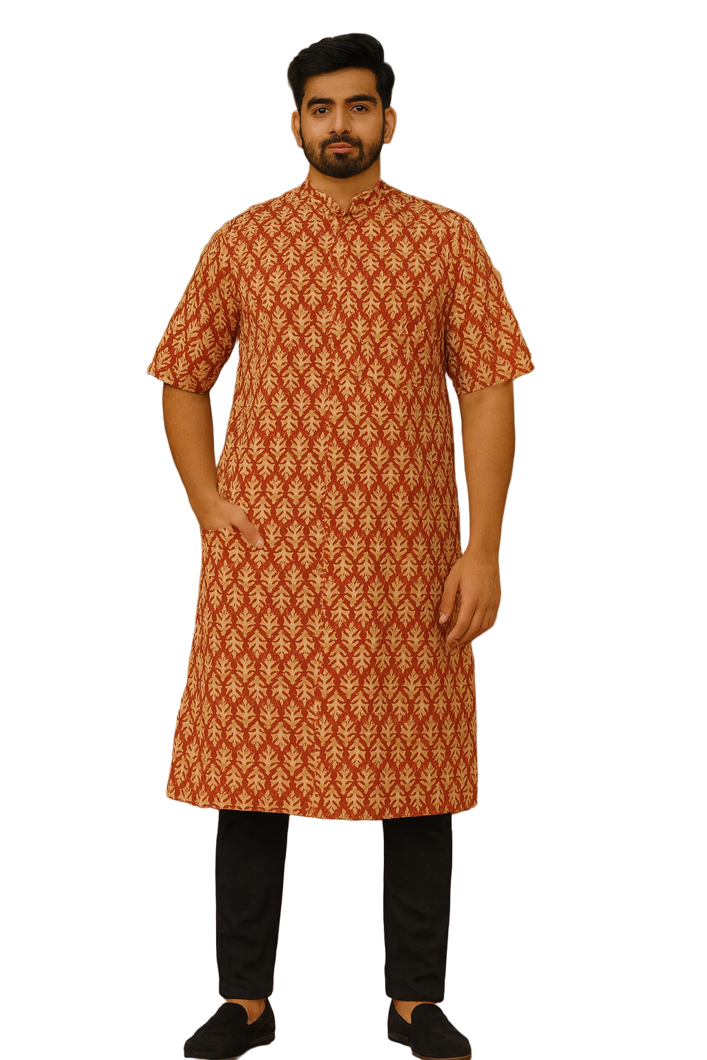 Men’s Cotton Knee-Length Kurta with Pockets – Hand Block Printed Rust Red Leaf Pattern | Natural Fab