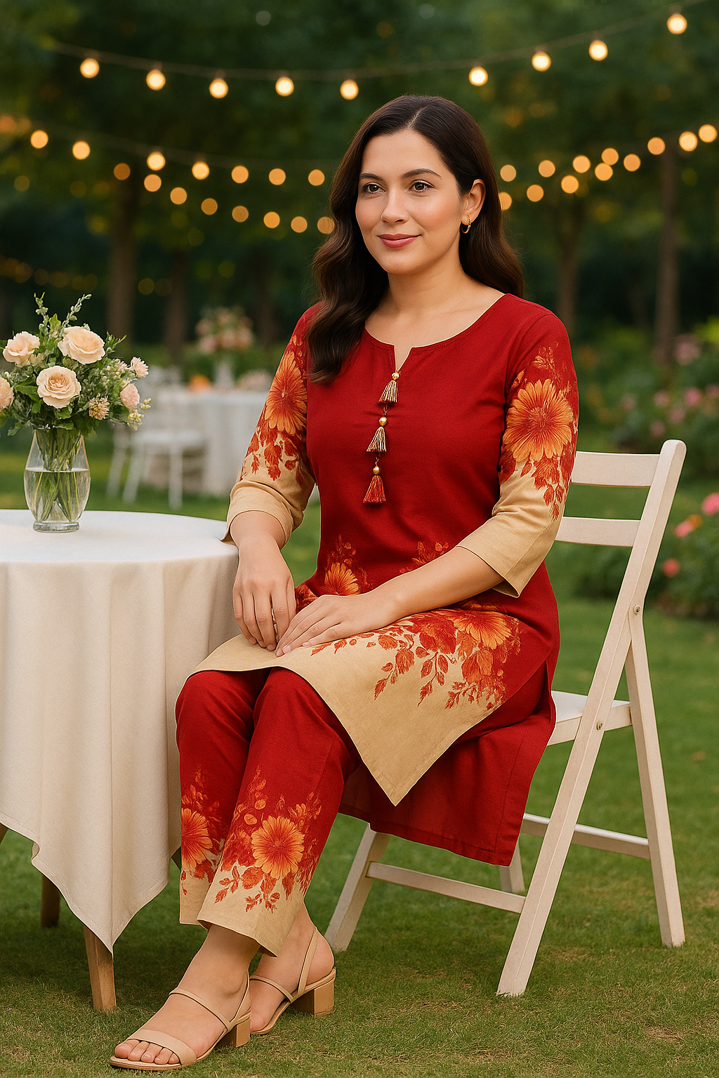 Red & Beige Floral Printed Co-Ord Set for Women – Festive Tassel Detail Kurta with Matching Pants | Natural Fab