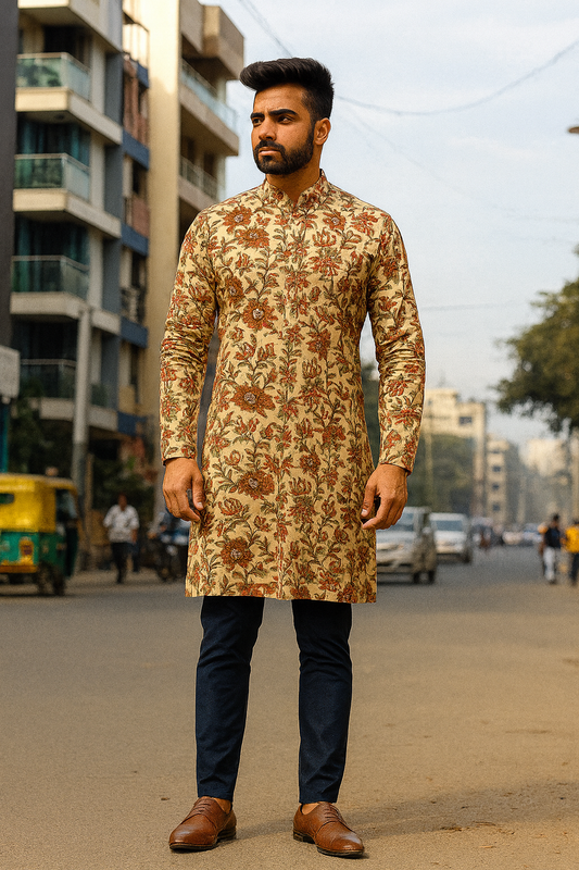 Handblock Printed Beige Cotton Kurta for Men – Floral Mughal Motif Design
