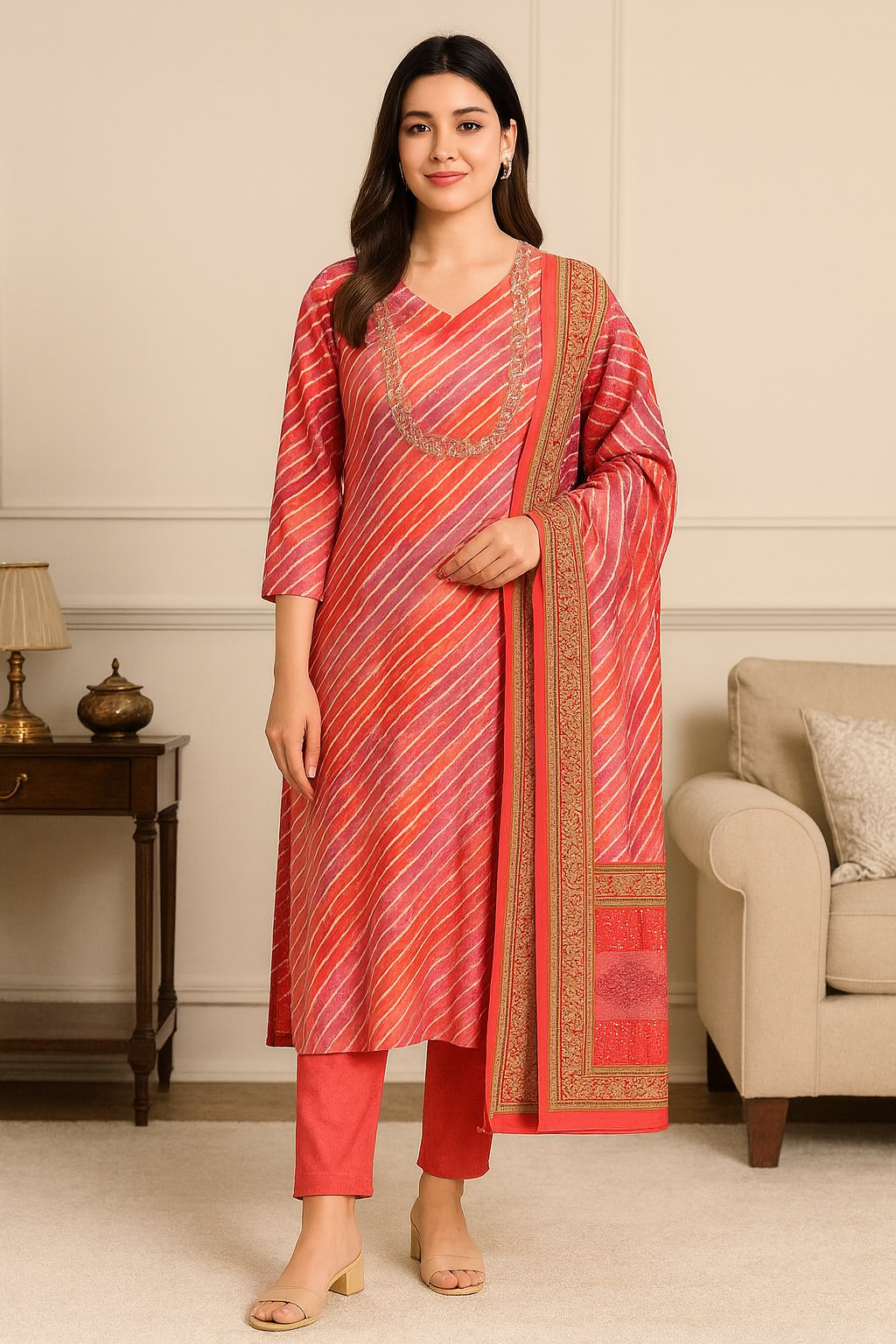 Women’s Pink Maslin Kurti Set with Dupatta – Stylish Ethnic Wear for Festive & Wedding Look