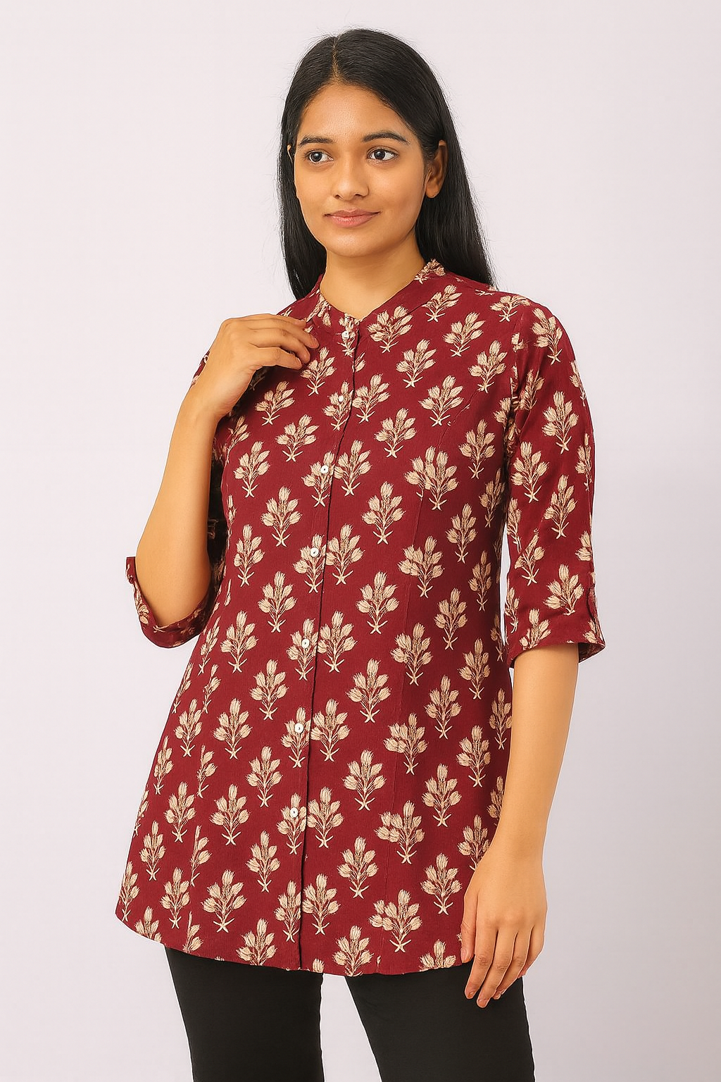 Women’s Maroon Rayon Short Kurti – Floral Printed Button-Down Tunic for Casual & Office Wear