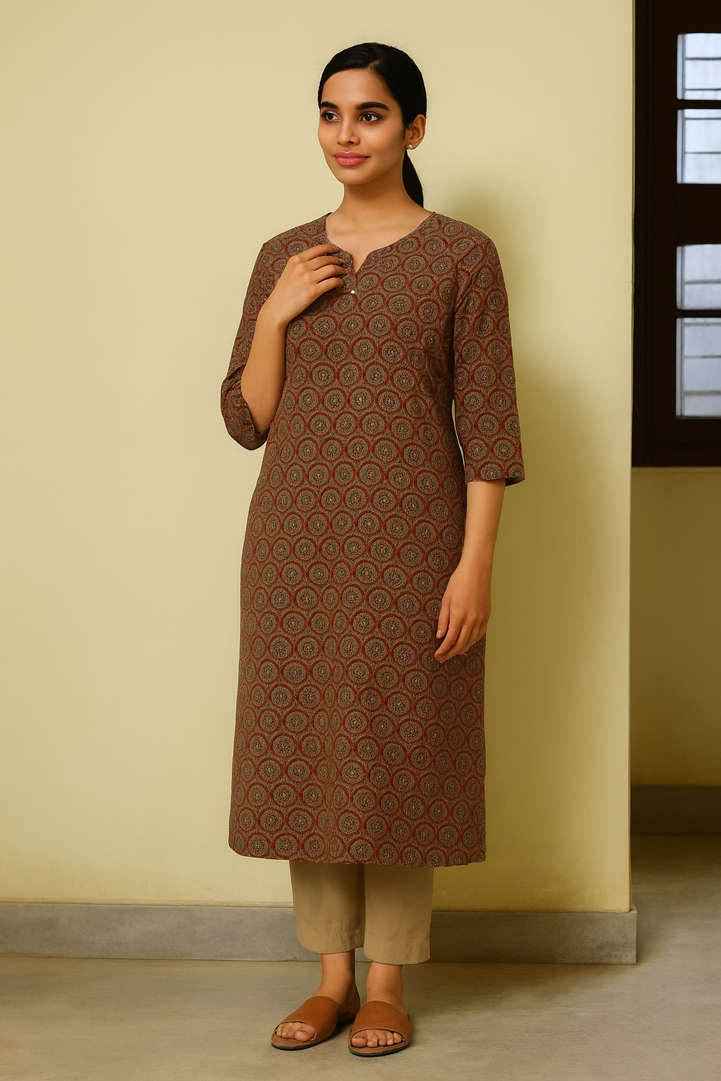 Women’s Brown Cotton Kurti – Printed Straight Fit with Notch Neck and 3/4th Sleeves