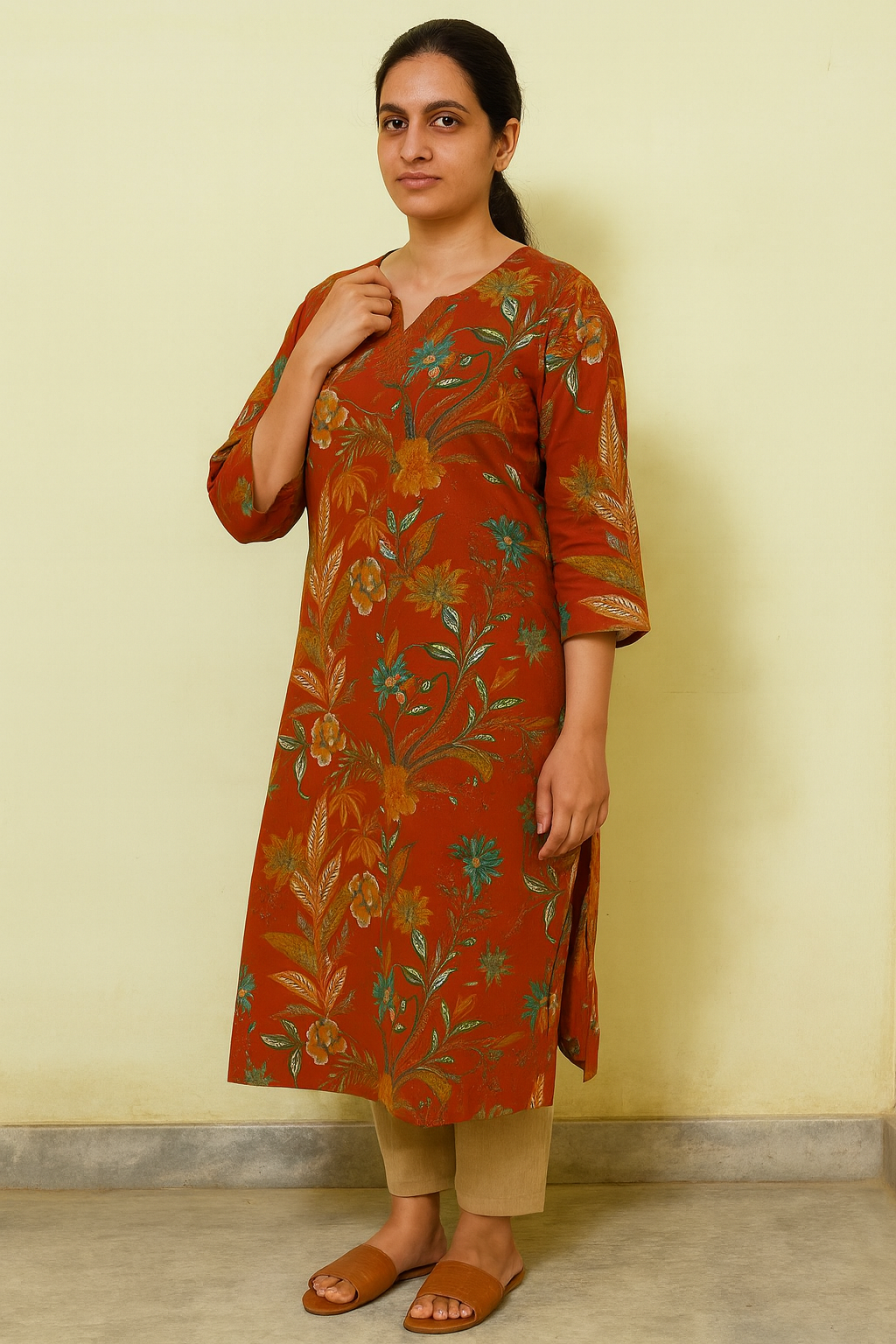 Women’s Rust Orange Cotton Kurti – Floral Printed Straight Fit with Notch Neck and 3/4th Sleeves