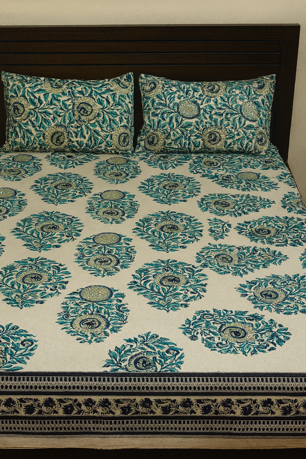 Elegant Floral Print Cotton Double Bedsheet with Pillow Covers – Blue & Green Handblock Design | Size 100x108 Inches