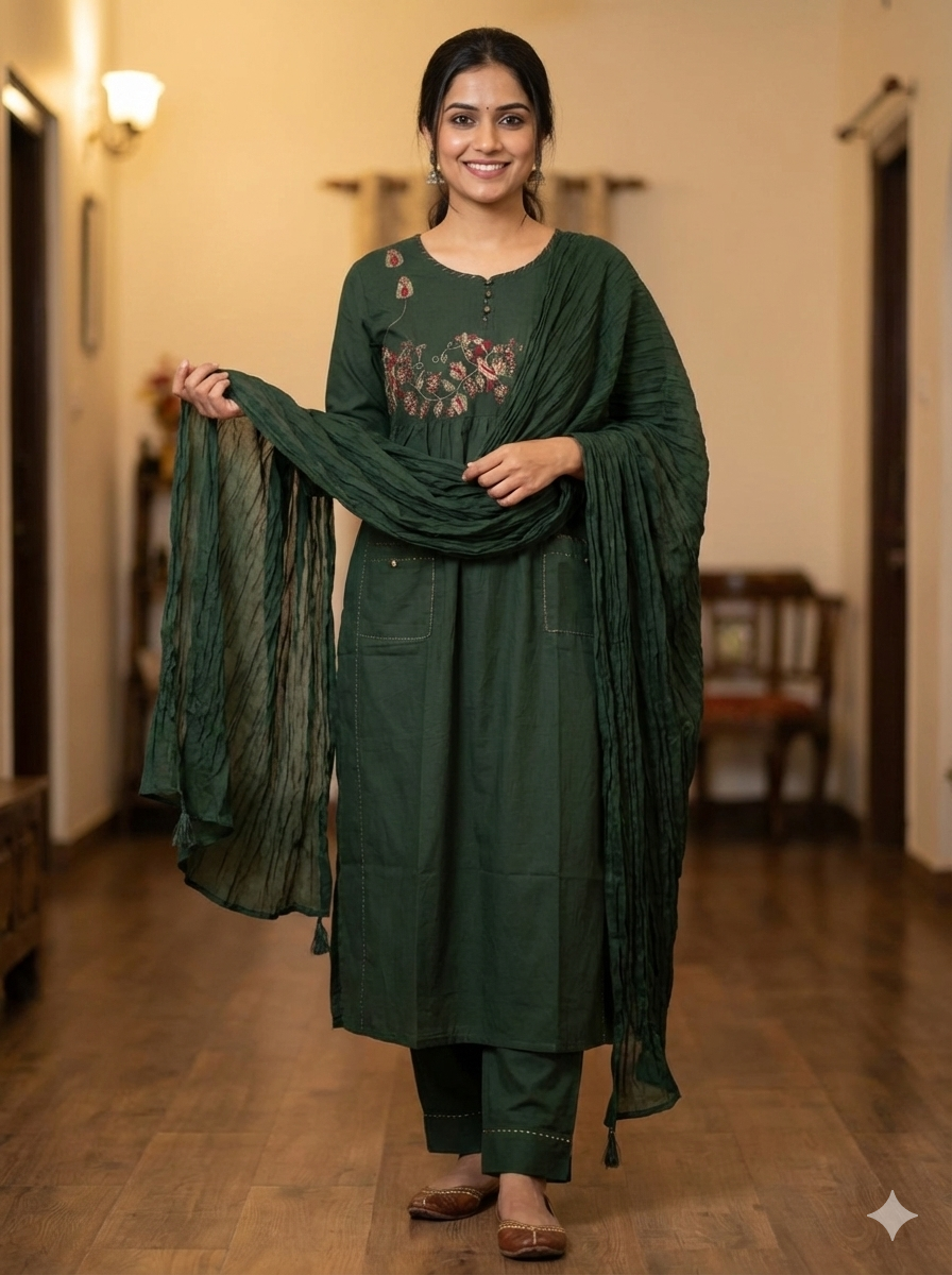 Women’s Dark Green Khadi Cotton Embroidered Kurti Pant Dupatta Set | Festive & Daily Wear Suit Set